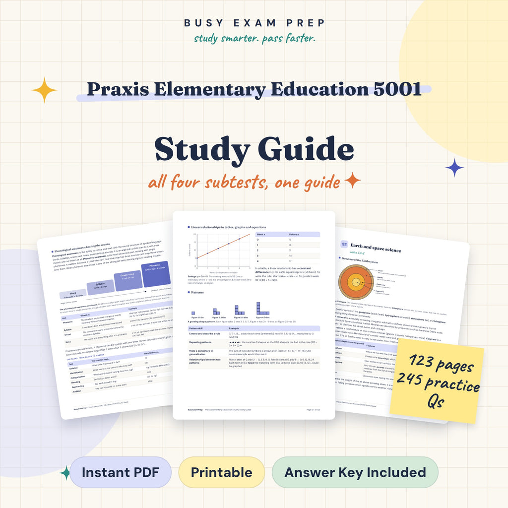 Praxis Elementary Education 5001 Study Guide, digital PDF cover with 123 pages and 245 practice questions.