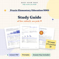 Praxis Elementary Education 5001 Study Guide, digital PDF cover with 123 pages and 245 practice questions.
