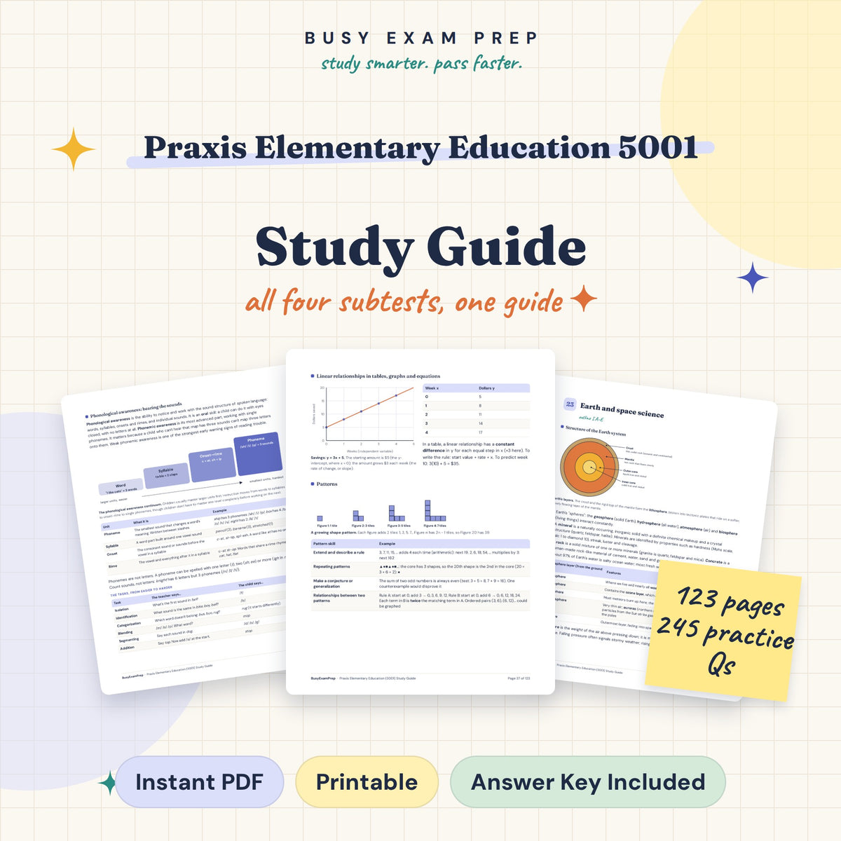Praxis Elementary Education 5001 Study Guide, digital PDF cover with 123 pages and 245 practice questions.