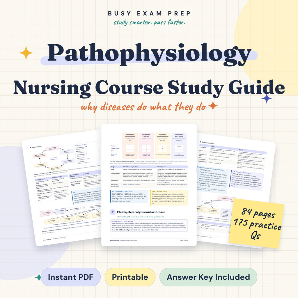 Pathophysiology Nursing Study Guide. Original digital cover with actual sample pages, 84 pages and 175 practice questions. No printed book.