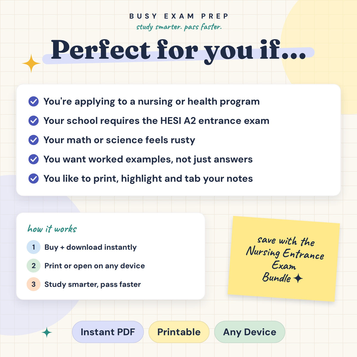 HESI A2 Study Guide. Intended audience, digital access instructions and the available TEAS and HESI A2 nursing entrance bundle. No printed book.