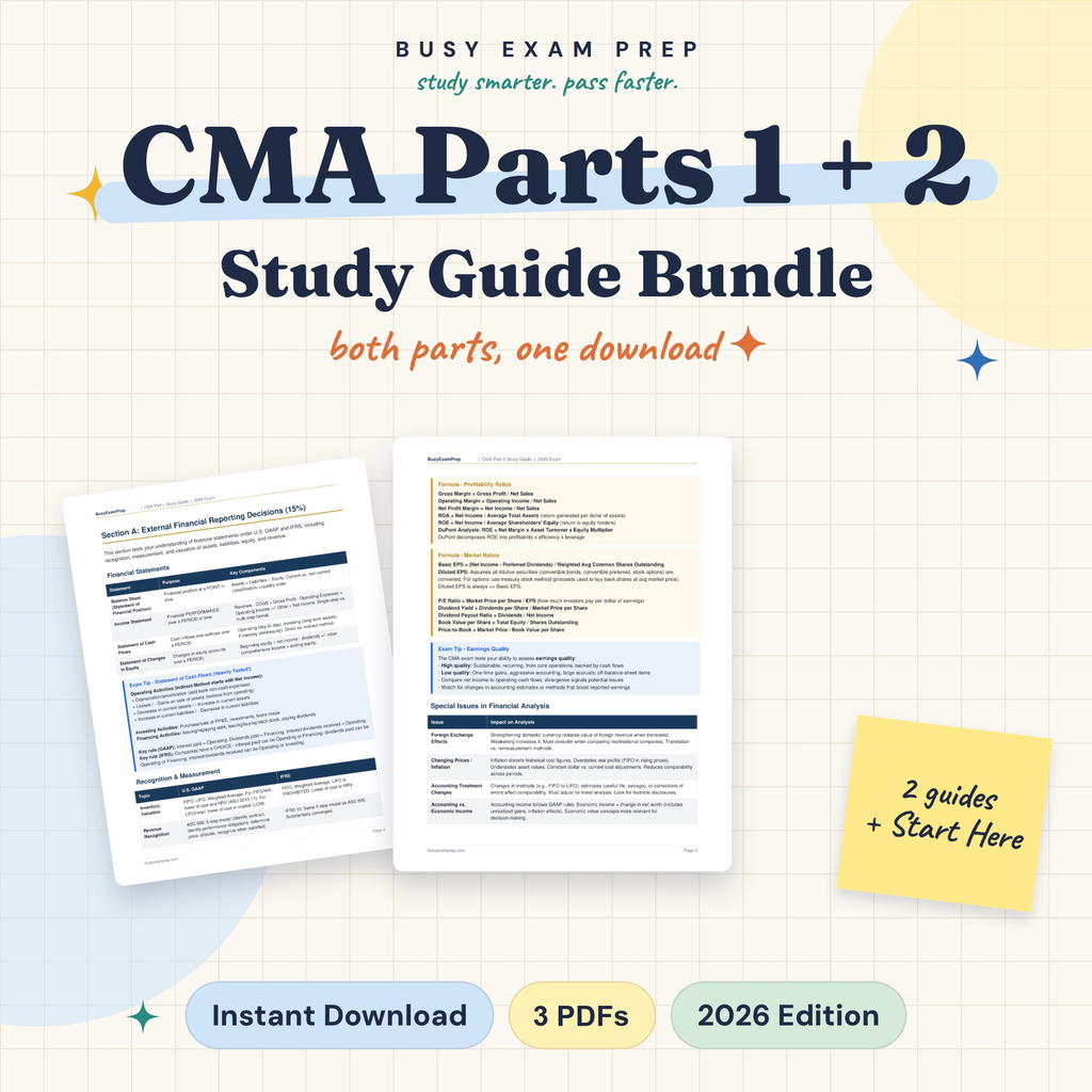 CMA Parts 1 and 2 digital study-guide bundle. Two study-guide PDFs plus the Start Here PDF; three PDFs total. No printed books.