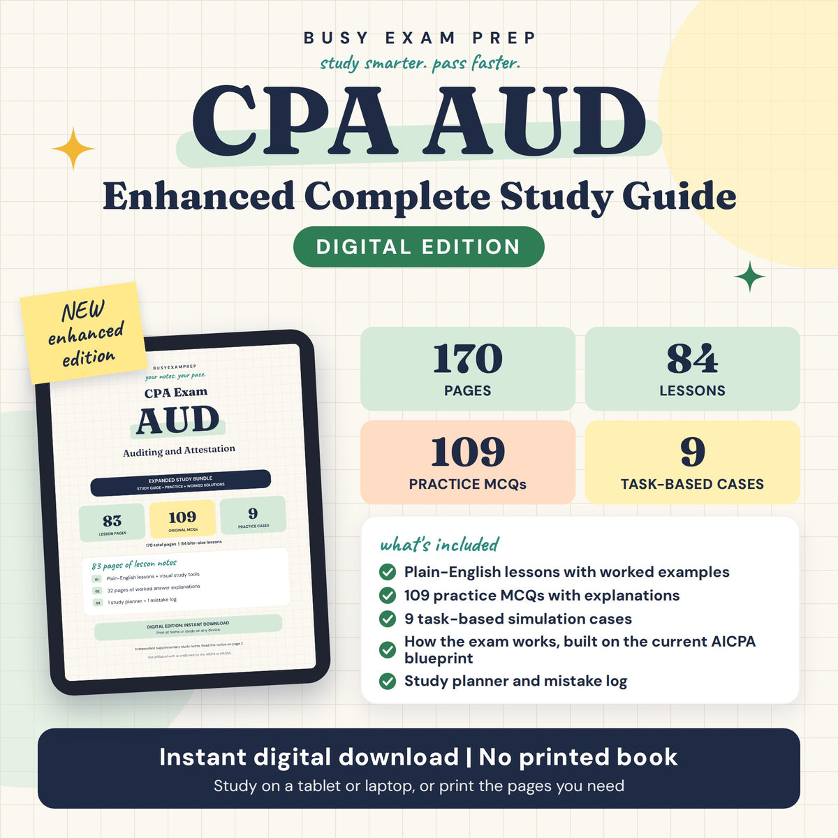 CPA AUD Complete Study Guide, Digital Edition. Enhanced Complete digital guide cover and content counts. No printed book.