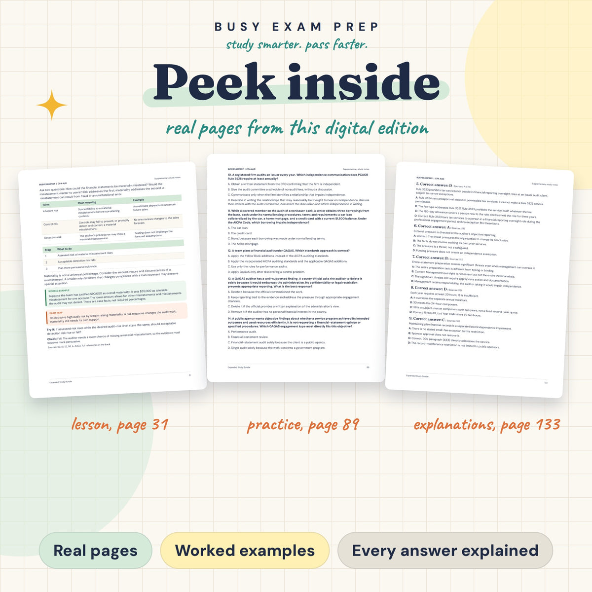 CPA AUD Complete Study Guide, Digital Edition. Actual PDF lesson, practice-question and answer-explanation page previews.