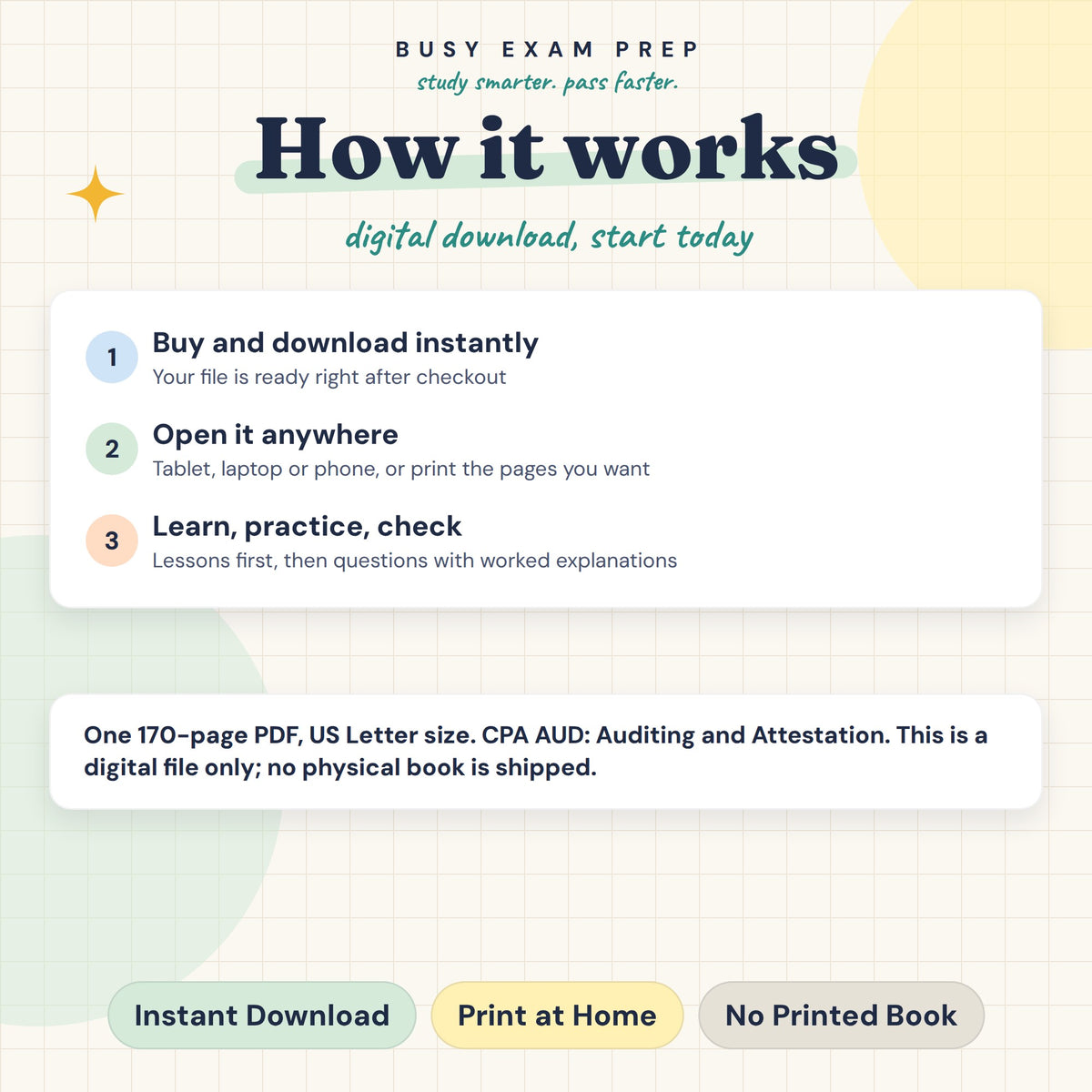 CPA AUD Complete Study Guide, Digital Edition. Digital guide format and download instructions. Paid add-ons depend on the selected Package. No printed book.