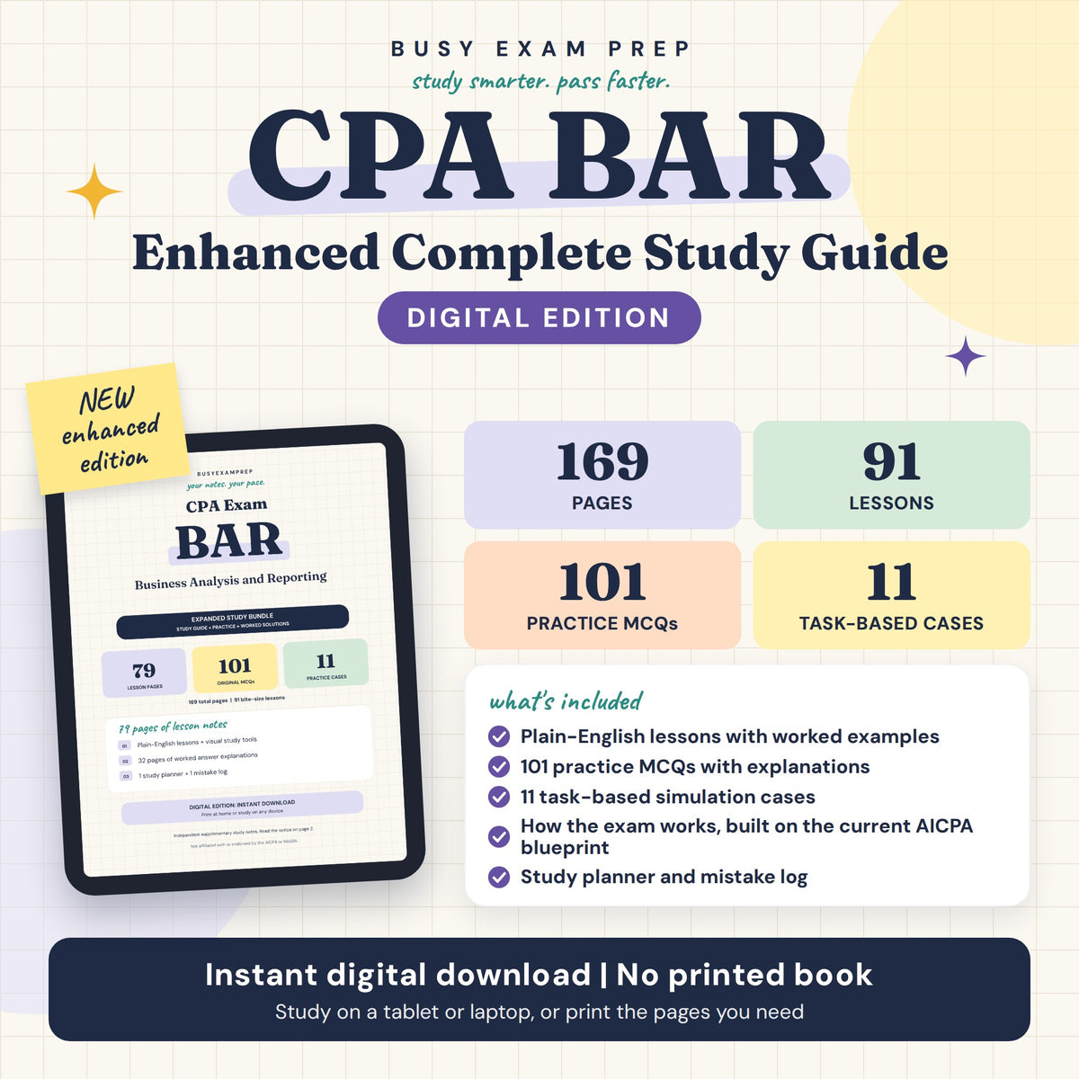 CPA BAR Complete Study Guide, Digital Edition. Enhanced Complete digital guide cover and content counts. No printed book.