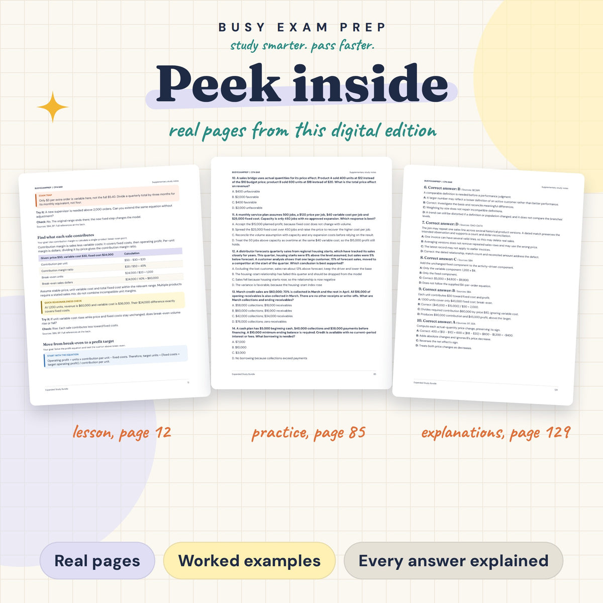 CPA BAR Complete Study Guide, Digital Edition. Actual PDF lesson, practice-question and answer-explanation page previews.
