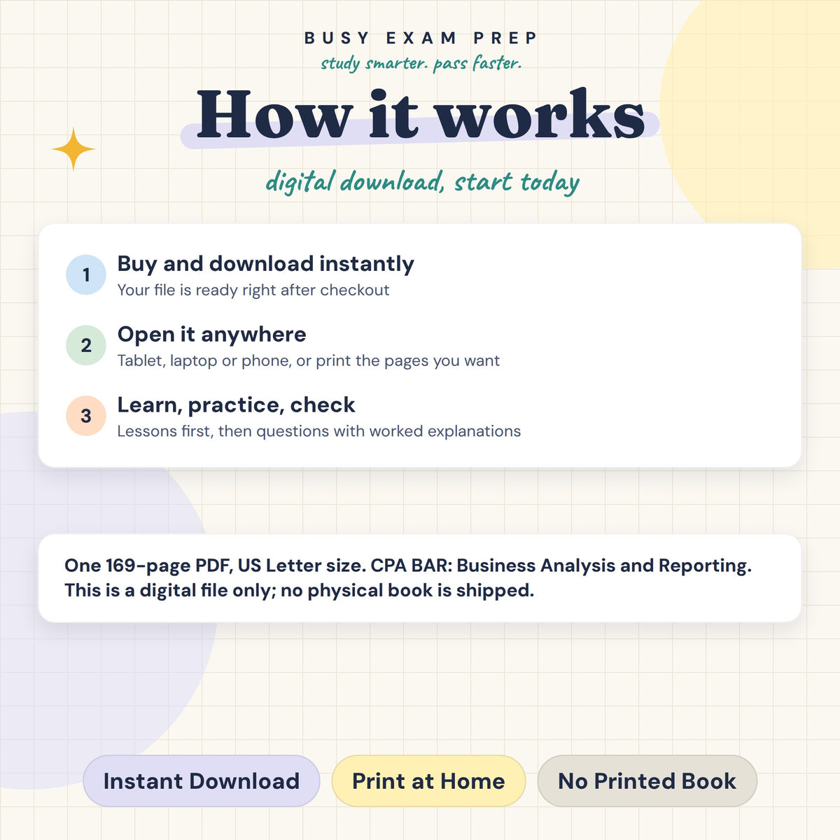 CPA BAR Complete Study Guide, Digital Edition. Digital guide format and download instructions. Paid add-ons depend on the selected Package. No printed book.