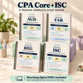 CPA Core + ISC printed four-book set. AUD, FAR, REG and ISC coil-bound guide mockups standing on a tiered pedestal. Matching digital PDFs included; styling props are not included.