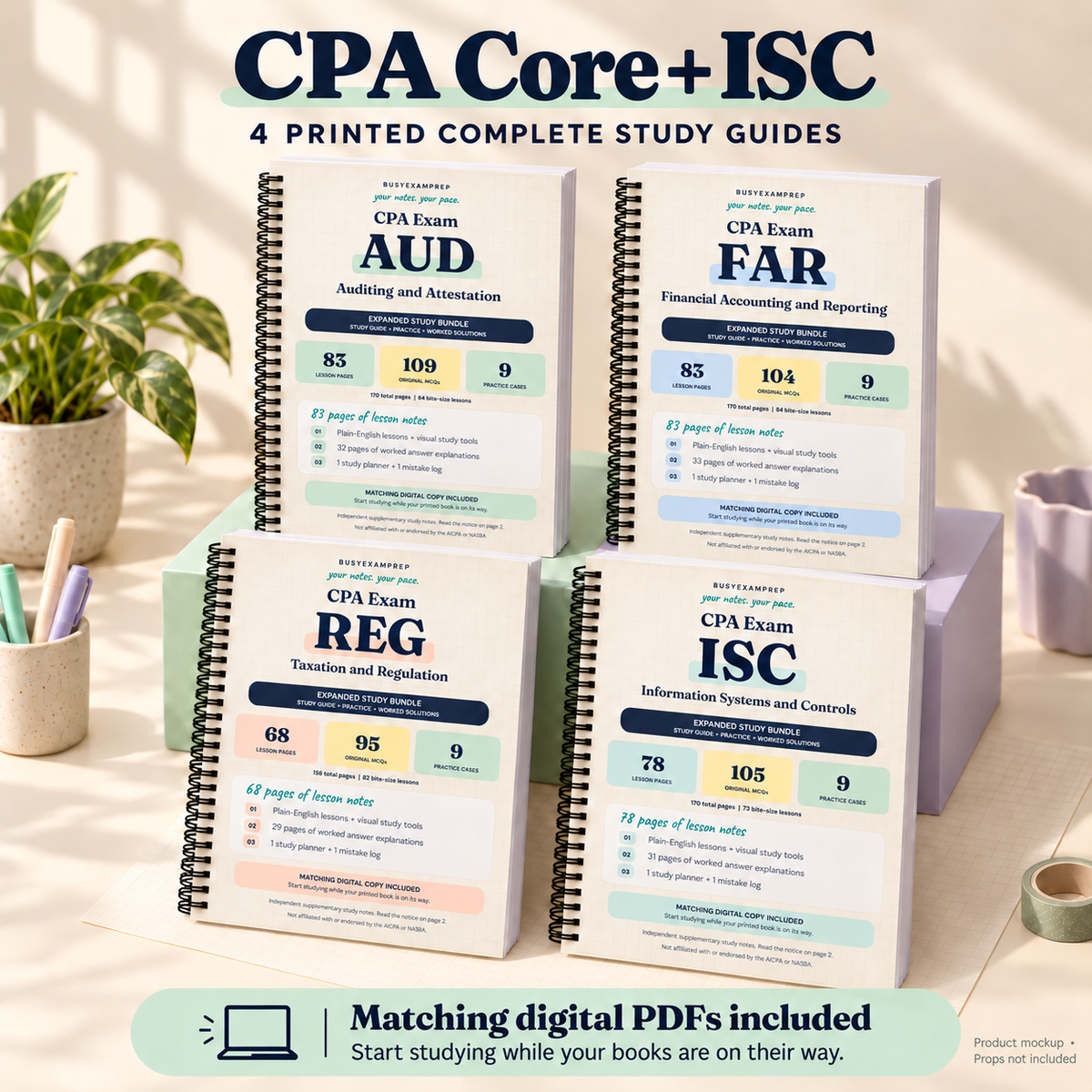 CPA Core + ISC printed four-book set. AUD, FAR, REG and ISC coil-bound guide mockups standing on a tiered pedestal. Matching digital PDFs included; styling props are not included.