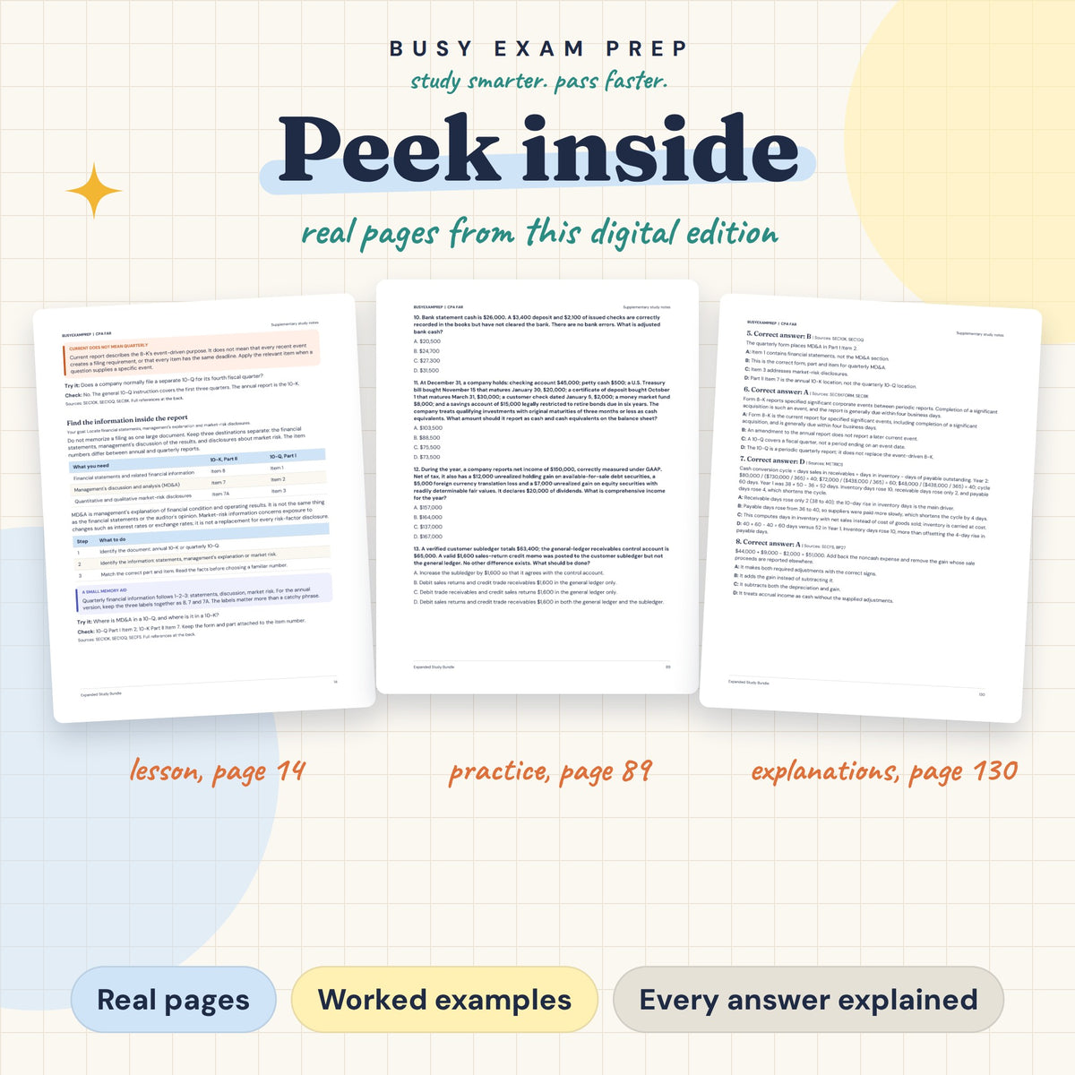 CPA FAR Complete Study Guide, Digital Edition. Actual PDF lesson, practice-question and answer-explanation page previews.