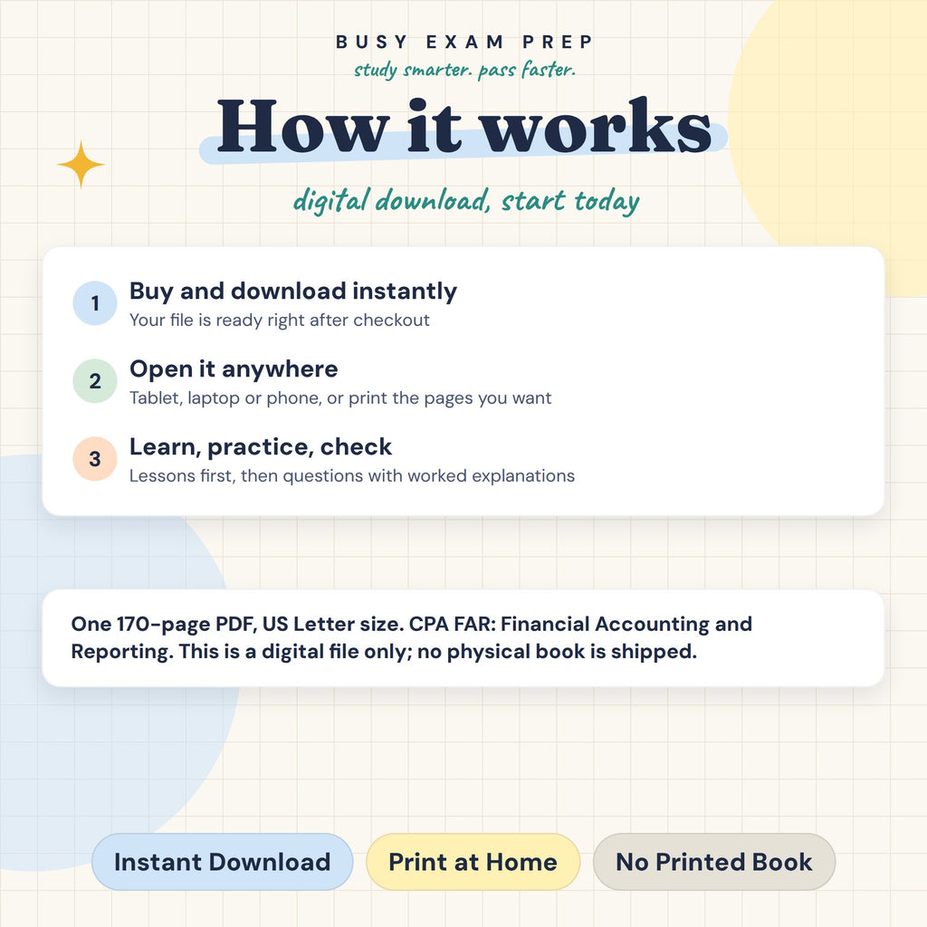 CPA FAR Complete Study Guide, Digital Edition. Digital guide format and download instructions. Paid add-ons depend on the selected Package. No printed book.
