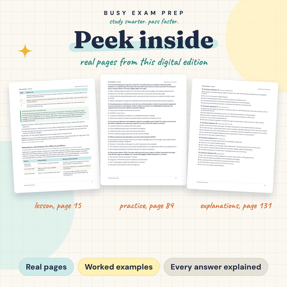 CPA ISC Complete Study Guide, Digital Edition. Actual PDF lesson, practice-question and answer-explanation page previews.