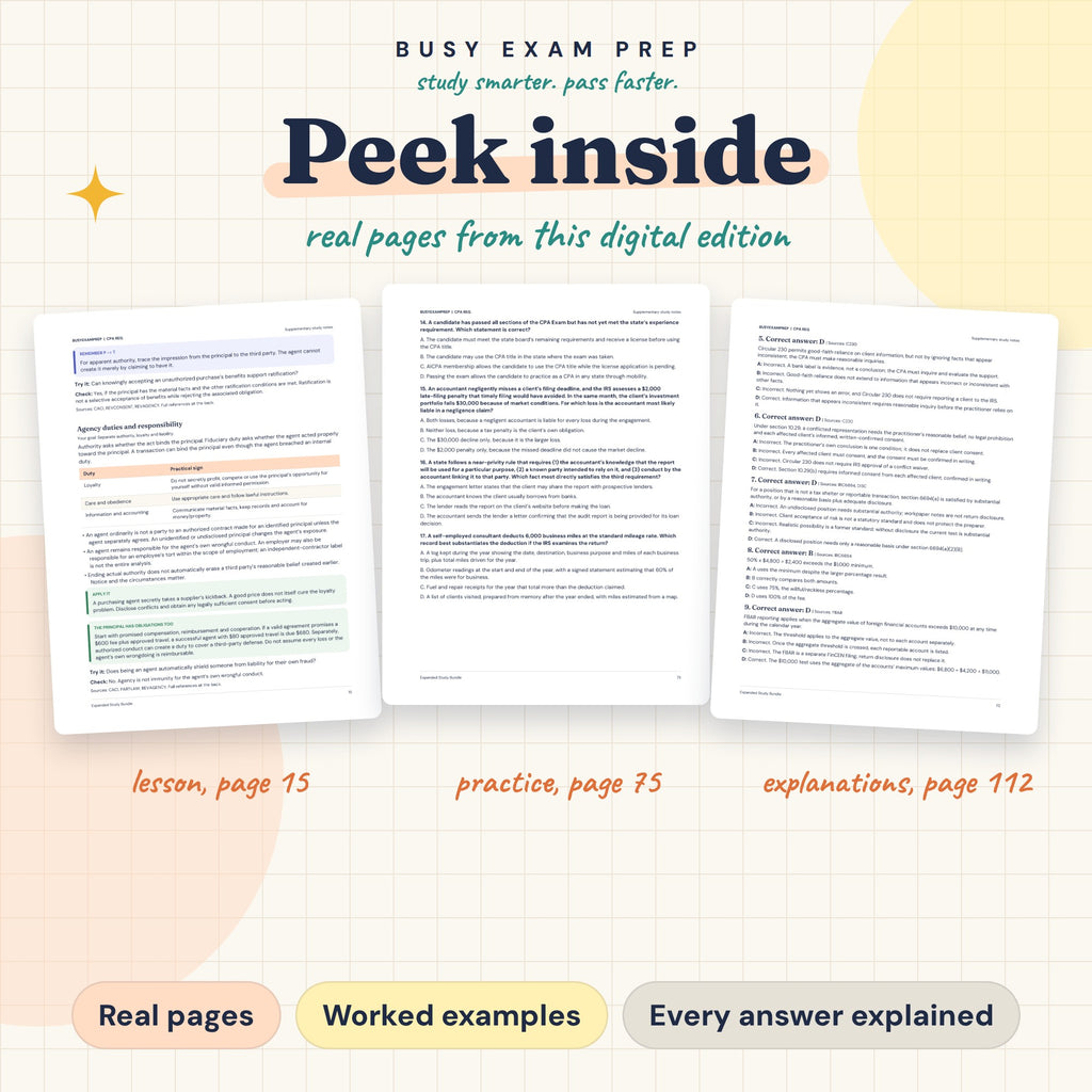 CPA REG Complete Study Guide, Digital Edition. Actual PDF lesson, practice-question and answer-explanation page previews.