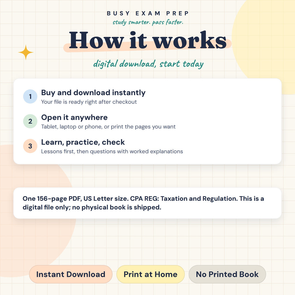 CPA REG Complete Study Guide, Digital Edition. Digital guide format and download instructions. Paid add-ons depend on the selected Package. No printed book.