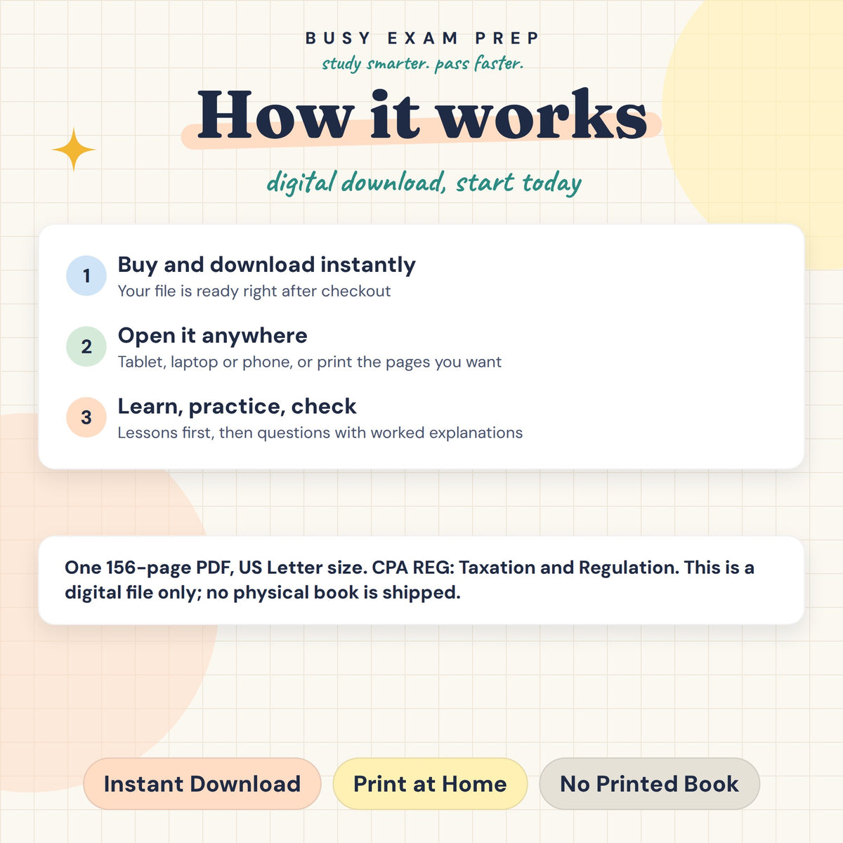 CPA REG Complete Study Guide, Digital Edition. Digital guide format and download instructions. Paid add-ons depend on the selected Package. No printed book.
