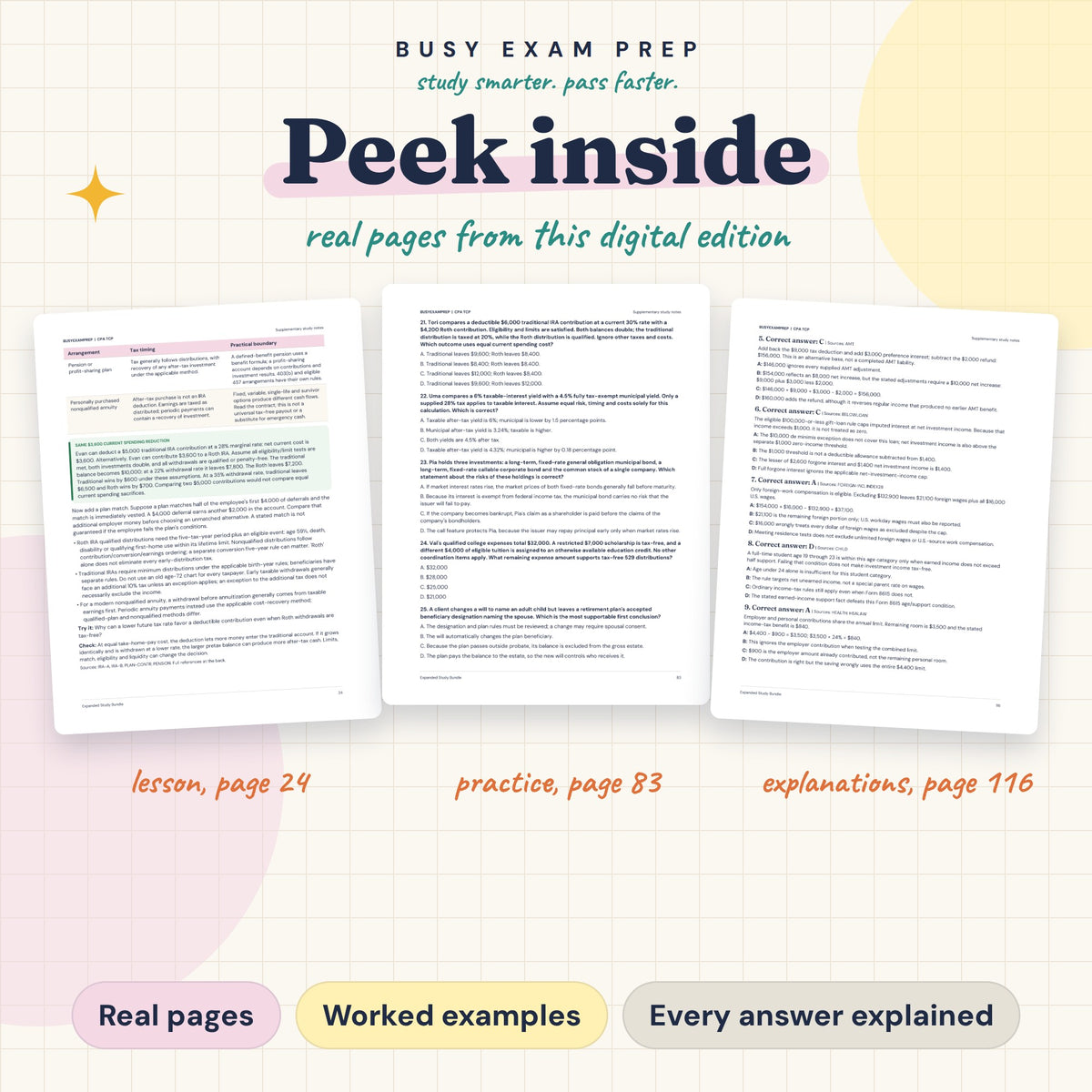 CPA TCP Complete Study Guide, Digital Edition. Actual PDF lesson, practice-question and answer-explanation page previews.