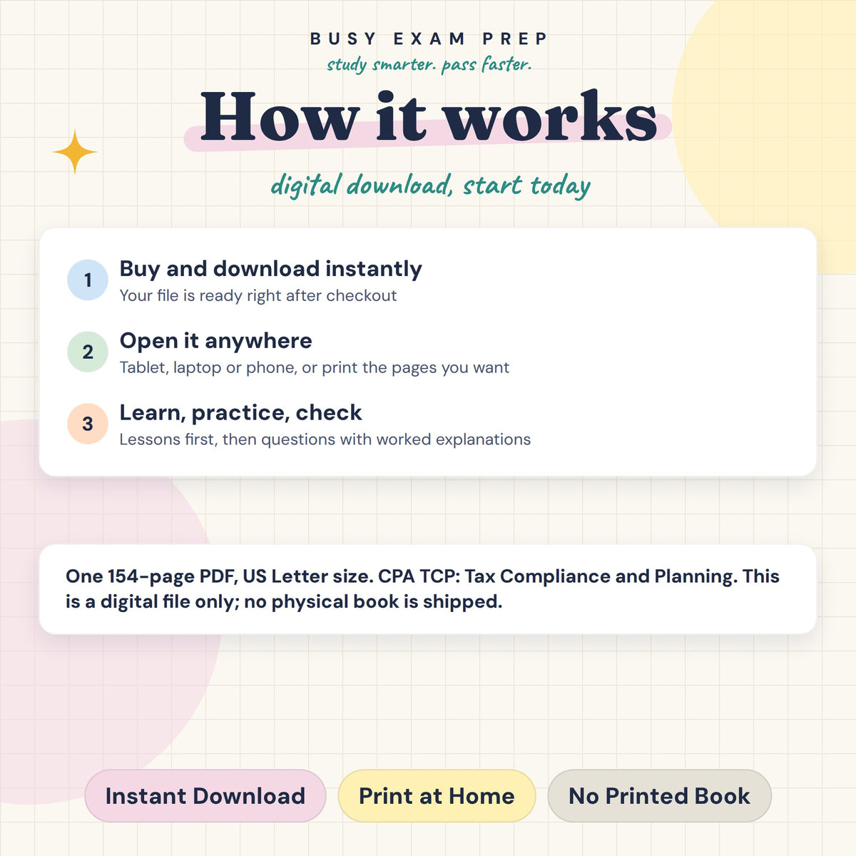 CPA TCP Complete Study Guide, Digital Edition. Digital guide format and download instructions. Paid add-ons depend on the selected Package. No printed book.