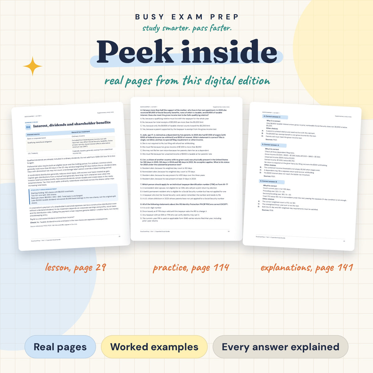 Enrolled Agent Part 1 Complete Study Guide, Digital Edition. Preview of actual lesson, practice and answer-explanation pages.