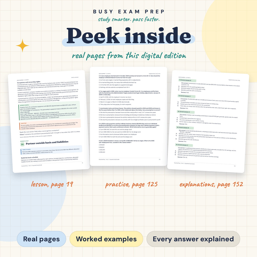 Enrolled Agent Part 2 Complete Study Guide, Digital Edition. Actual PDF lesson, practice-question and answer-explanation page previews.
