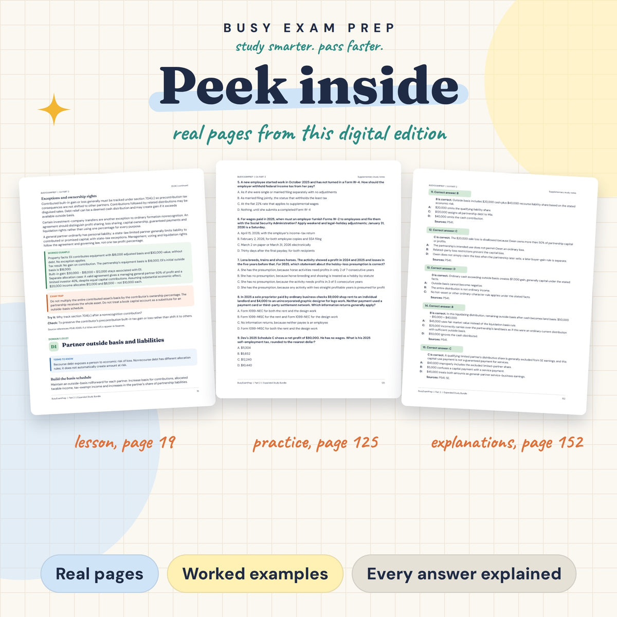 Enrolled Agent Part 2 Complete Study Guide, Digital Edition. Actual PDF lesson, practice-question and answer-explanation page previews.