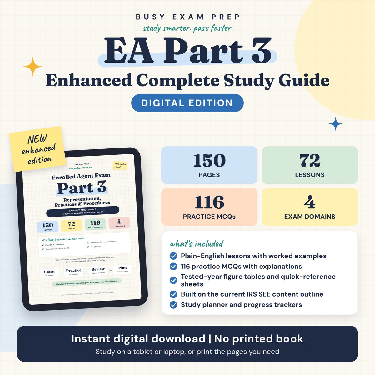 Enrolled Agent Part 3 Complete Study Guide, Digital Edition. Enhanced Complete digital guide cover and content counts. No printed book.