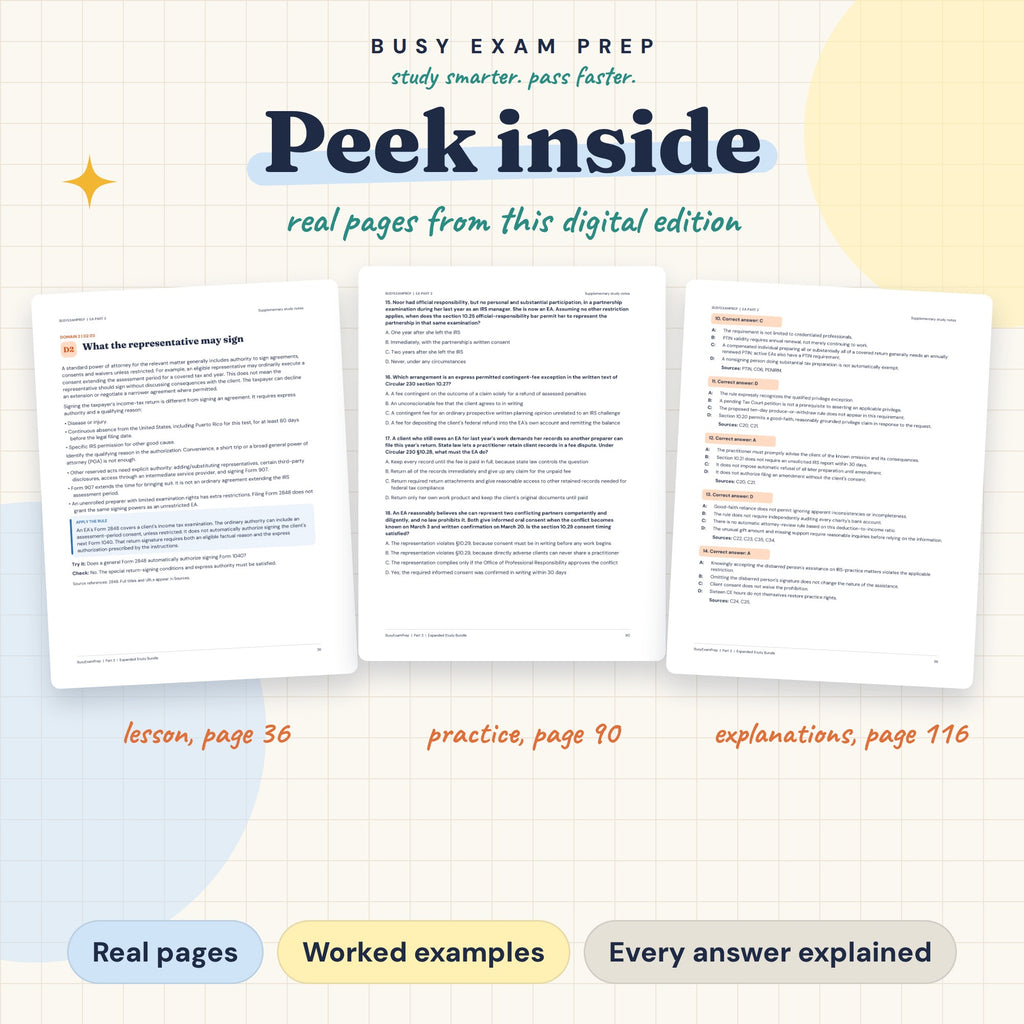 Enrolled Agent Part 3 Complete Study Guide, Digital Edition. Actual PDF lesson, practice-question and answer-explanation page previews.