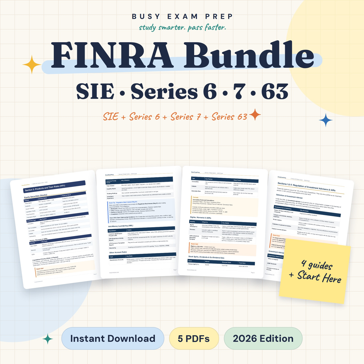 FINRA digital study bundle: SIE, Series 6, Series 7 and Series 63. Four study-guide PDFs plus Start Here. No printed books.