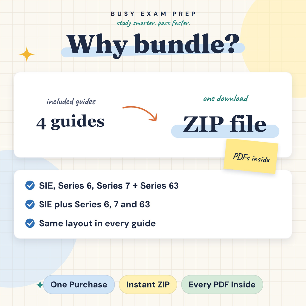 FINRA four-exam bundle: four included study guides in one ZIP download. SIE, Series 6, Series 7 and Series 63.