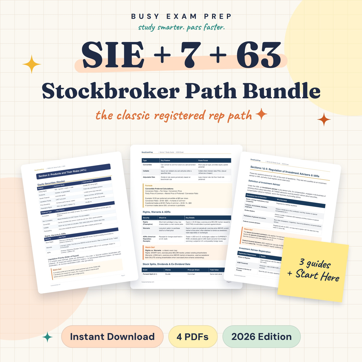 FINRA SIE, Series 7 and Series 63 digital bundle. Three study-guide PDFs plus the Start Here PDF; four PDFs total. No printed books.