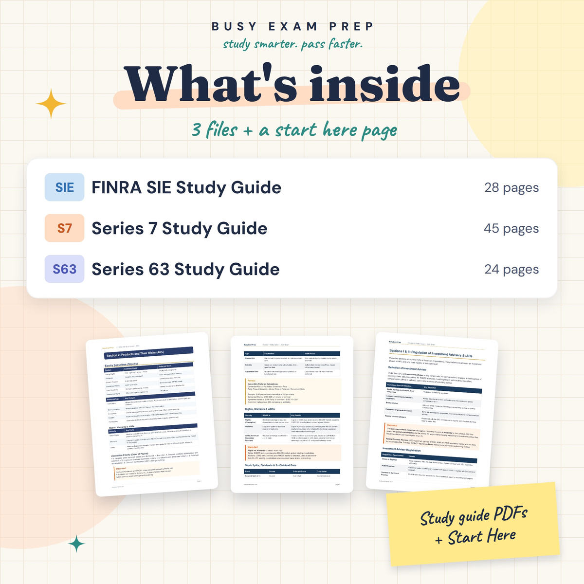 SIE, Series 7 and Series 63 digital bundle contents: three study guides plus Start Here.