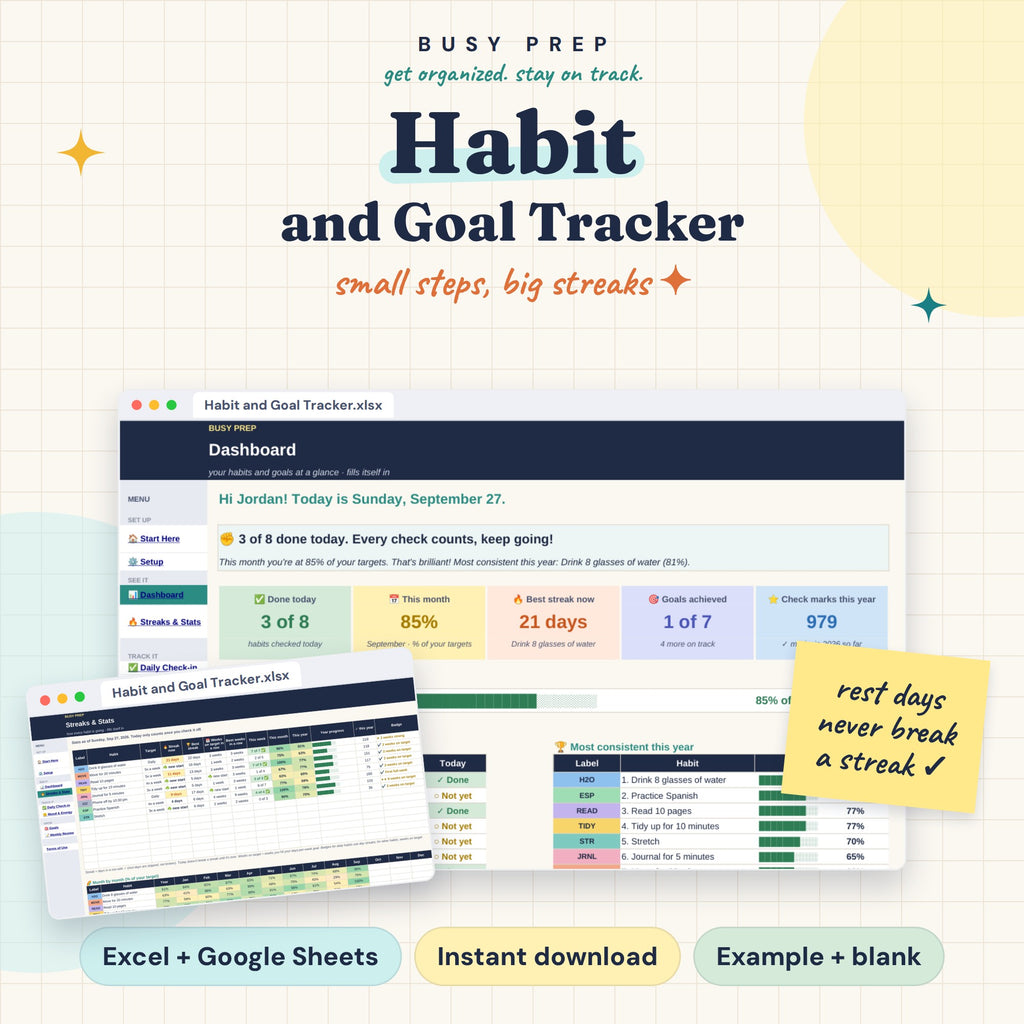 Habit and Goal Tracker Spreadsheet, main cover with the matching habit dashboard and streaks example.