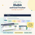 Habit and Goal Tracker Spreadsheet, main cover with the matching habit dashboard and streaks example.