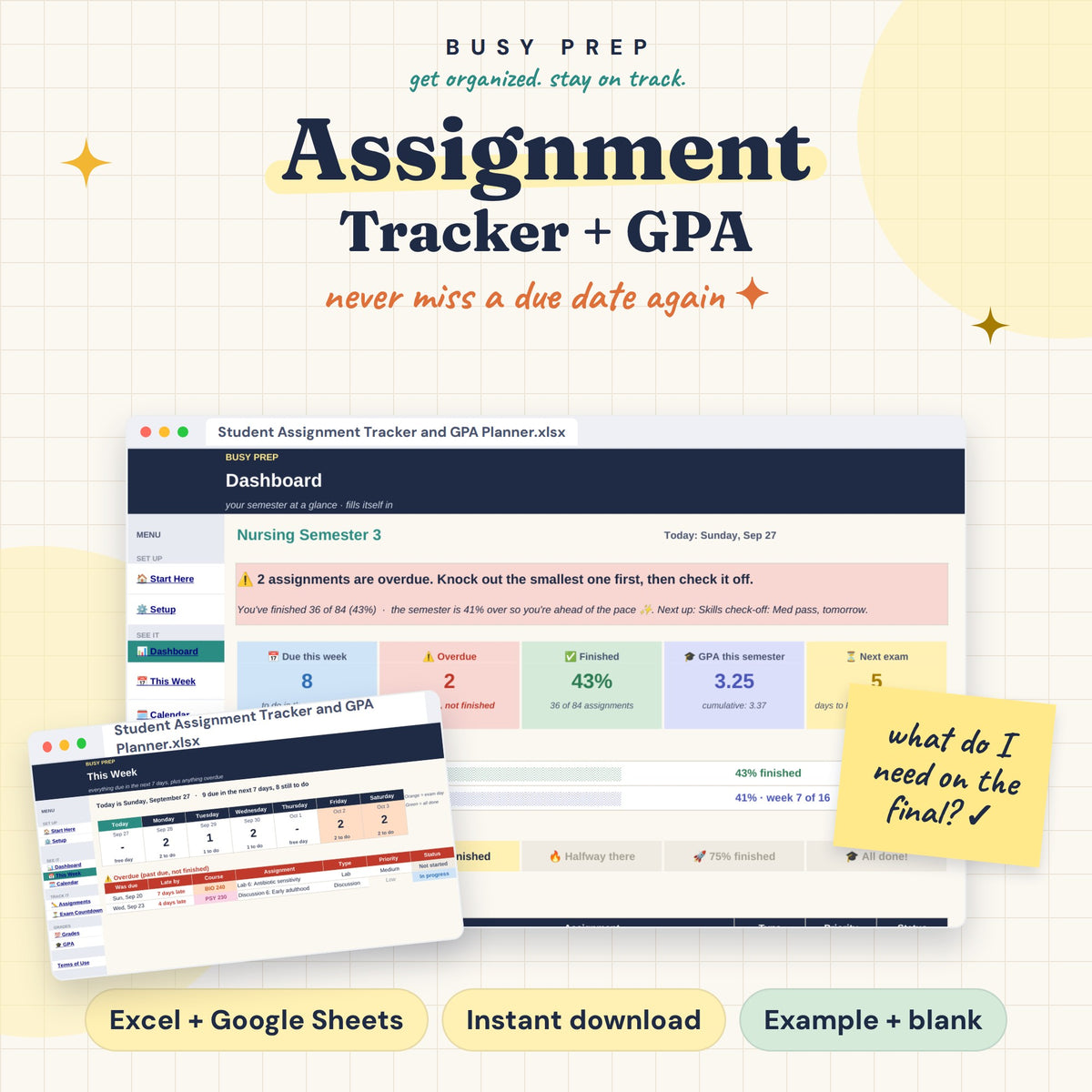 Student Assignment Tracker and GPA Planner Spreadsheet, main cover with the matching student dashboard and weekly example.