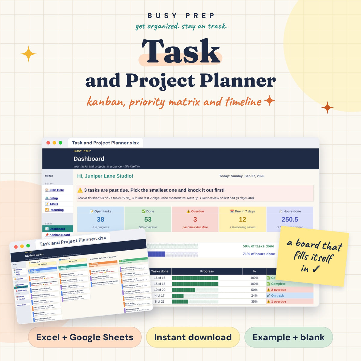 Task and Project Planner Spreadsheet, main cover with the matching project dashboard and Kanban example.
