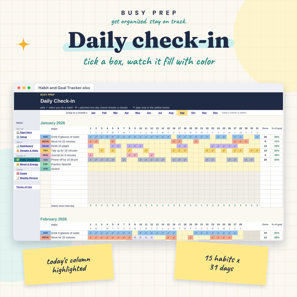 Habit and Goal Tracker Spreadsheet, daily Check-in with month grids and fifteen-habit scope.