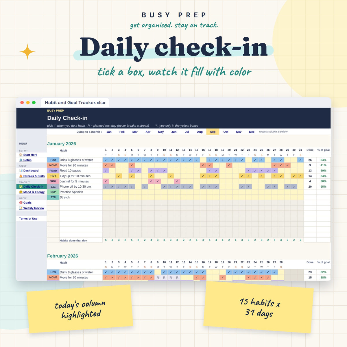 Habit and Goal Tracker Spreadsheet, daily Check-in with month grids and fifteen-habit scope.