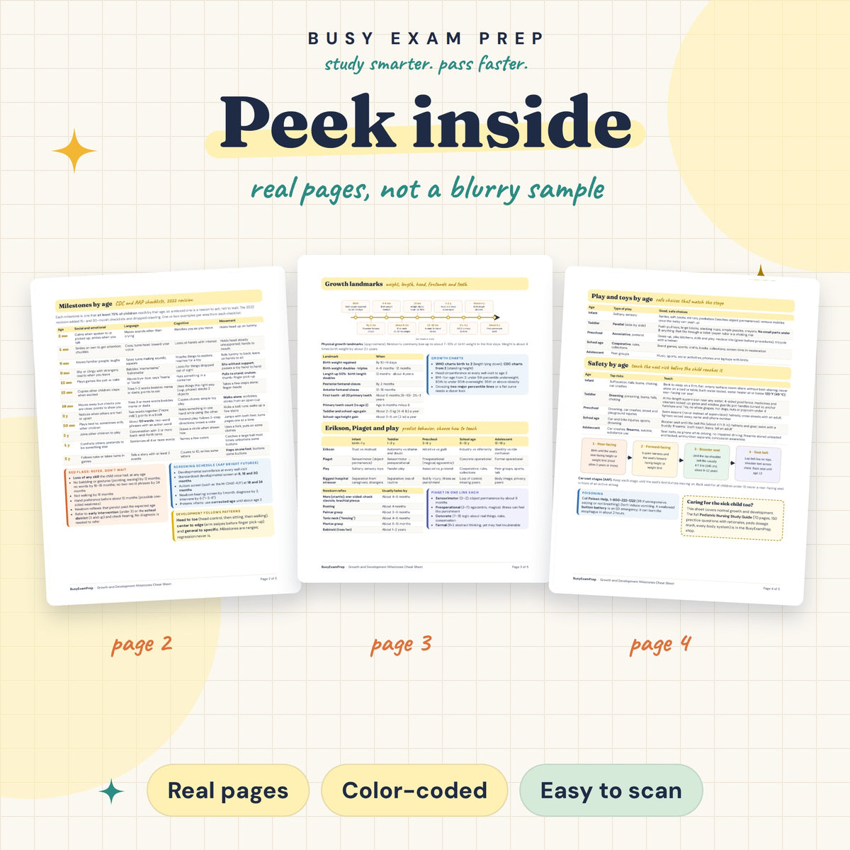 Pediatric Milestones Cheat Sheet digital PDF. Actual reference page previews. The full guide mentioned is a separate optional purchase and is not included.