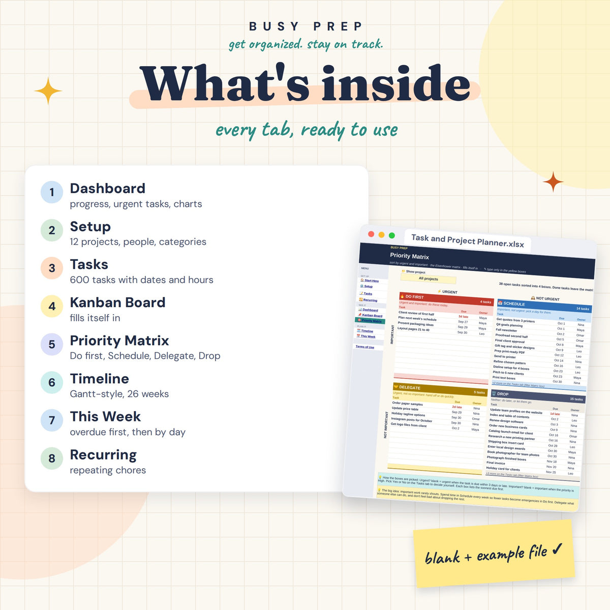 Task and Project Planner Spreadsheet, included tabs and matching Priority Matrix preview.