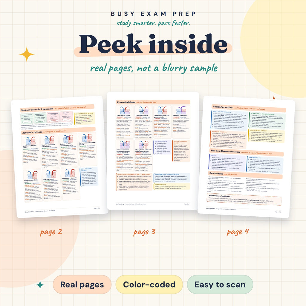 Pediatric Heart Defects Cheat Sheet digital PDF. Actual reference page previews. The full guide mentioned is a separate optional purchase and is not included.