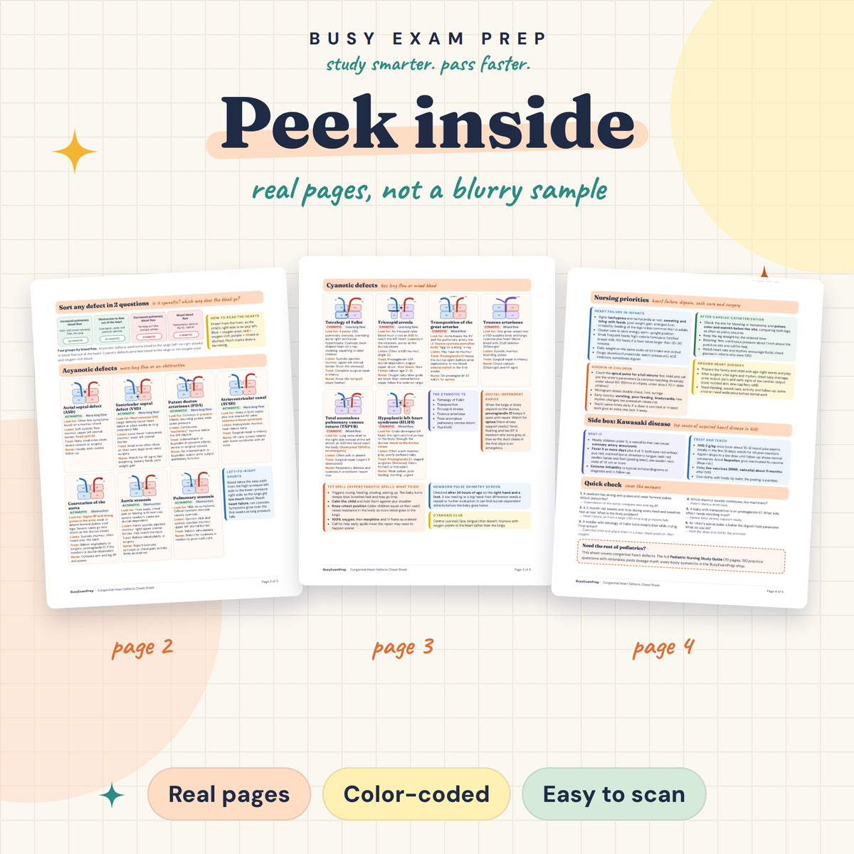 Pediatric Heart Defects Cheat Sheet digital PDF. Actual reference page previews. The full guide mentioned is a separate optional purchase and is not included.