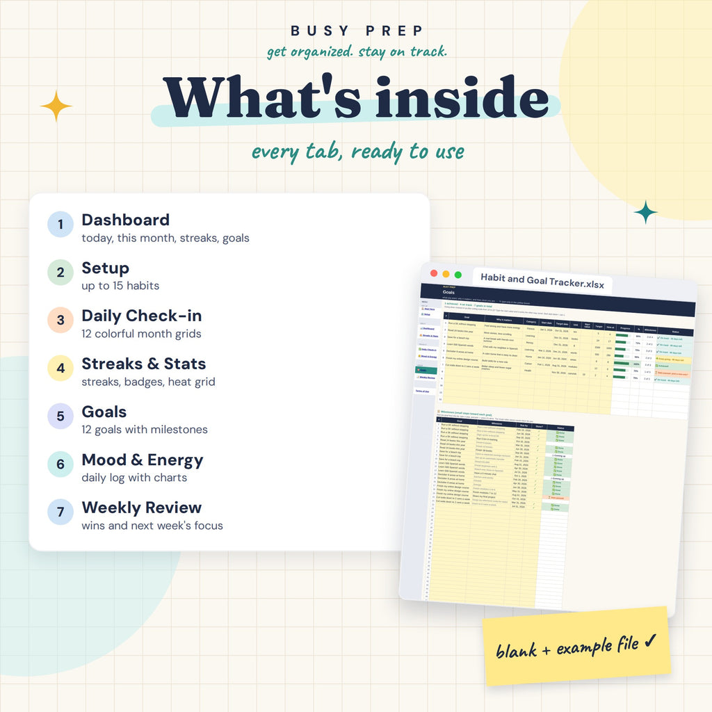 Habit and Goal Tracker Spreadsheet, included tabs and matching Goals preview.