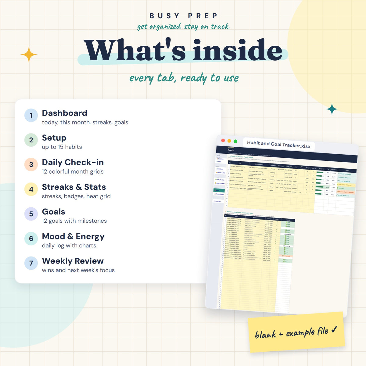 Habit and Goal Tracker Spreadsheet, included tabs and matching Goals preview.