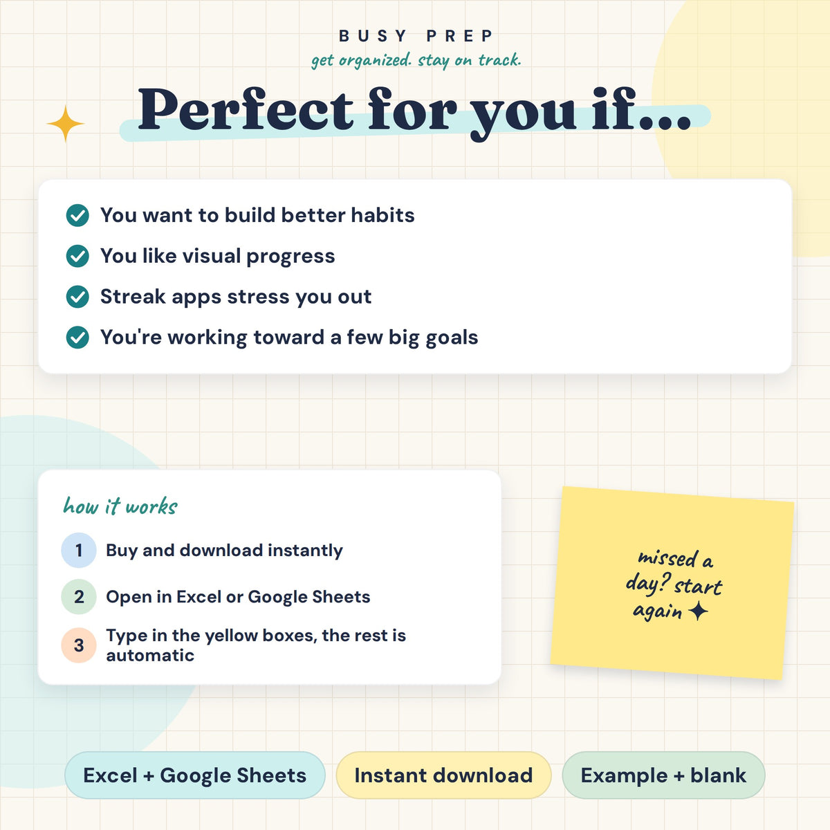 Habit and Goal Tracker Spreadsheet, audience and Excel or Google Sheets download instructions.
