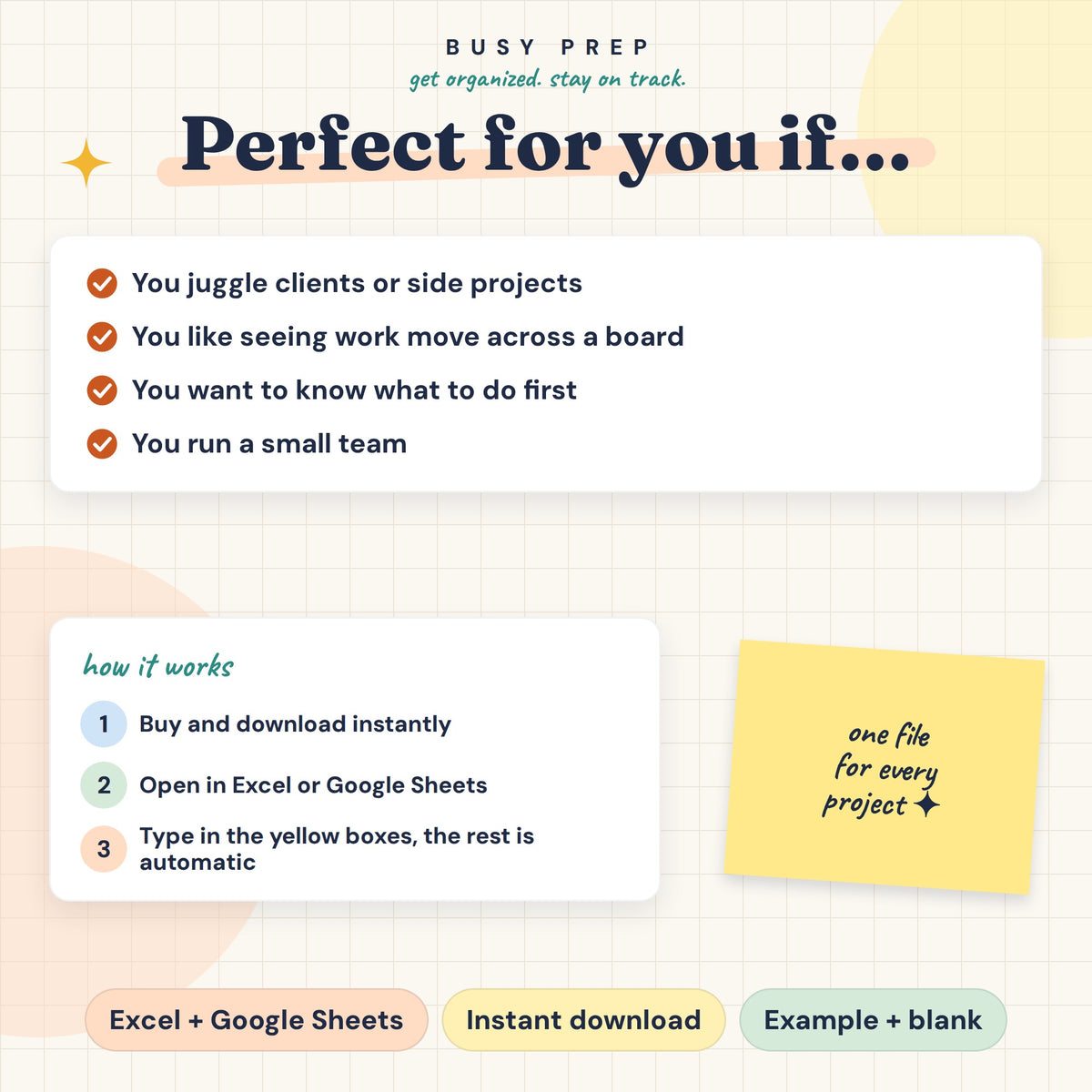 Task and Project Planner Spreadsheet, audience and Excel or Google Sheets download instructions.