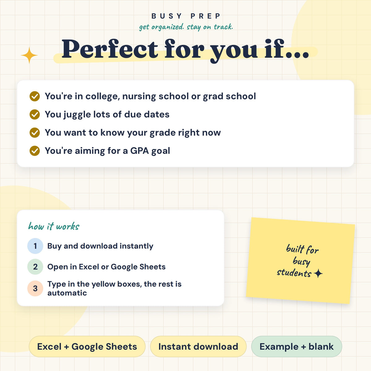 Student Assignment Tracker and GPA Planner Spreadsheet, audience and Excel or Google Sheets download instructions.