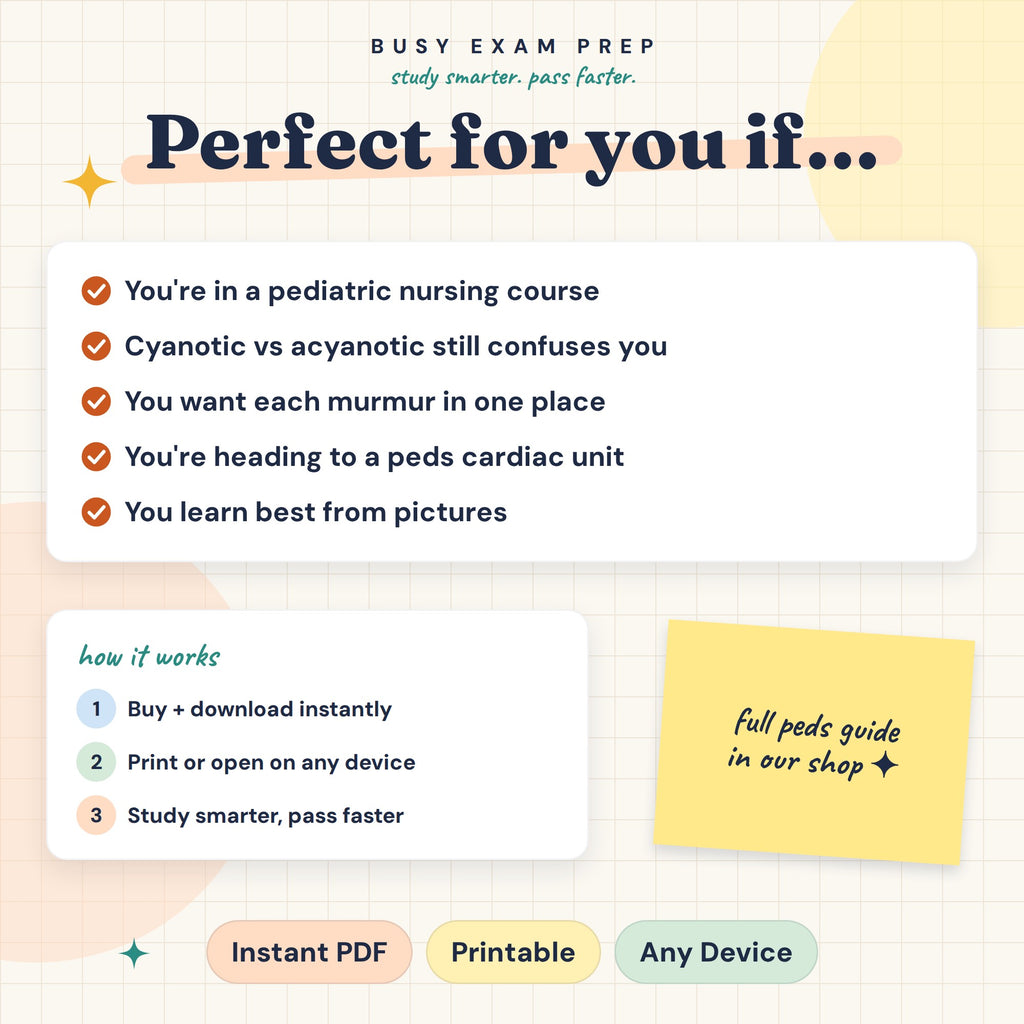 Pediatric Heart Defects Cheat Sheet digital PDF. Intended learners and digital download format. The full guide mentioned is a separate optional purchase and is not included.