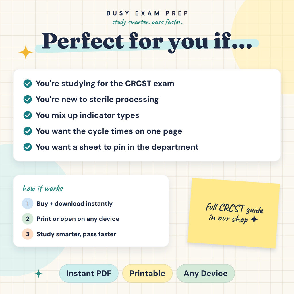 CRCST Sterilization Cheat Sheet digital PDF. Intended learners and digital download format. The full guide mentioned is a separate optional purchase and is not included.