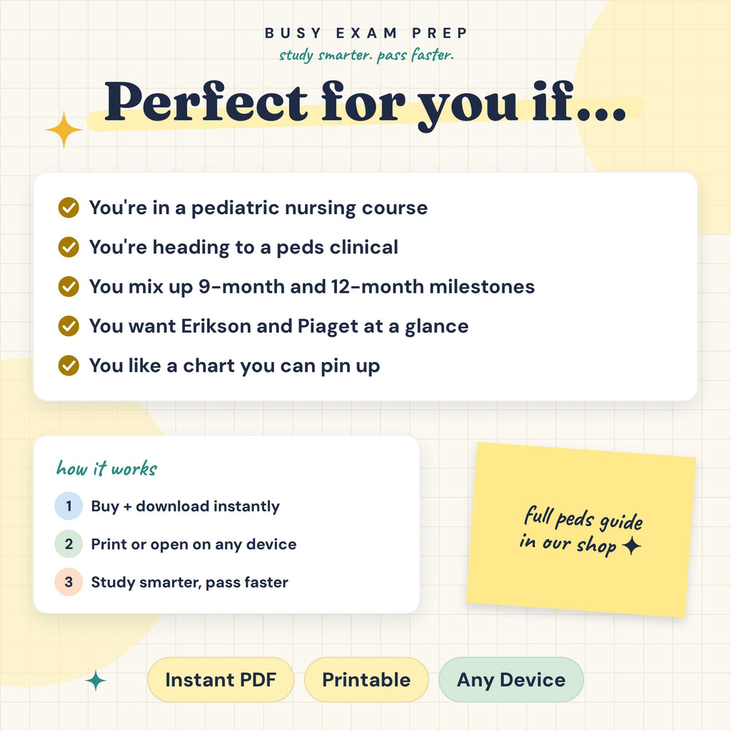 Pediatric Milestones Cheat Sheet digital PDF. Intended learners and digital download format. The full guide mentioned is a separate optional purchase and is not included.