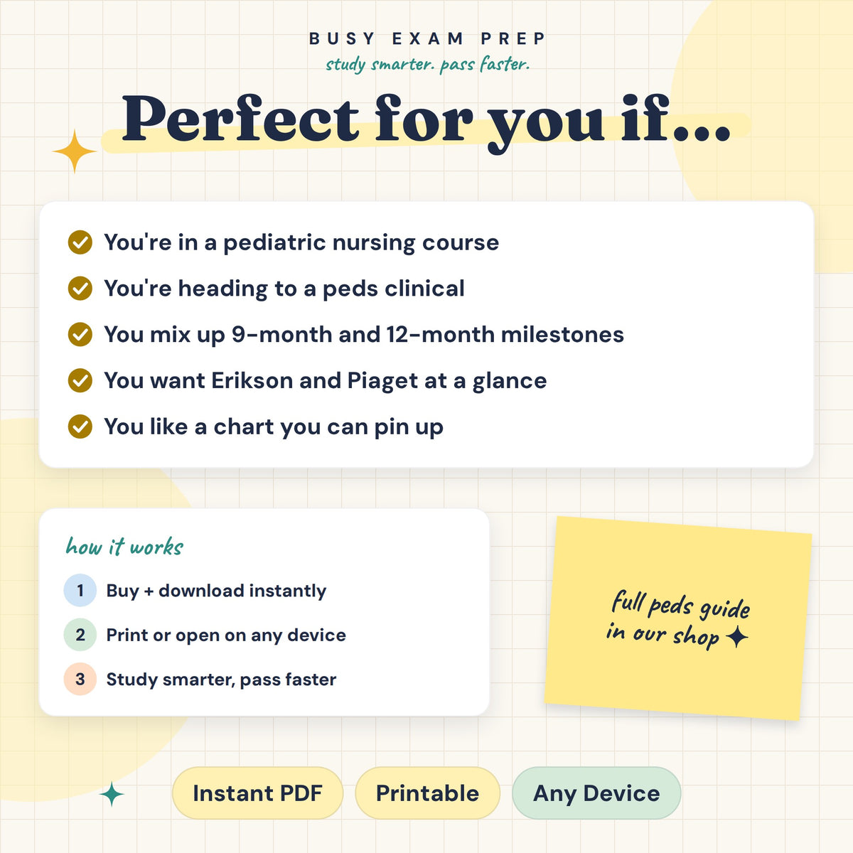 Pediatric Milestones Cheat Sheet digital PDF. Intended learners and digital download format. The full guide mentioned is a separate optional purchase and is not included.